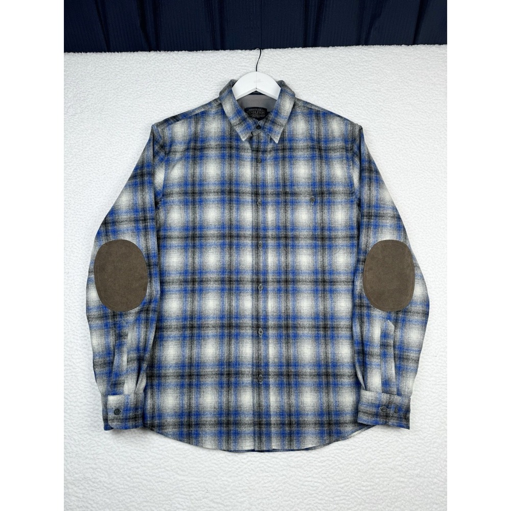 PENDLETON Men's Medium Wool Flannel TRAIL Shirt Blue Plaid Elbow Patches